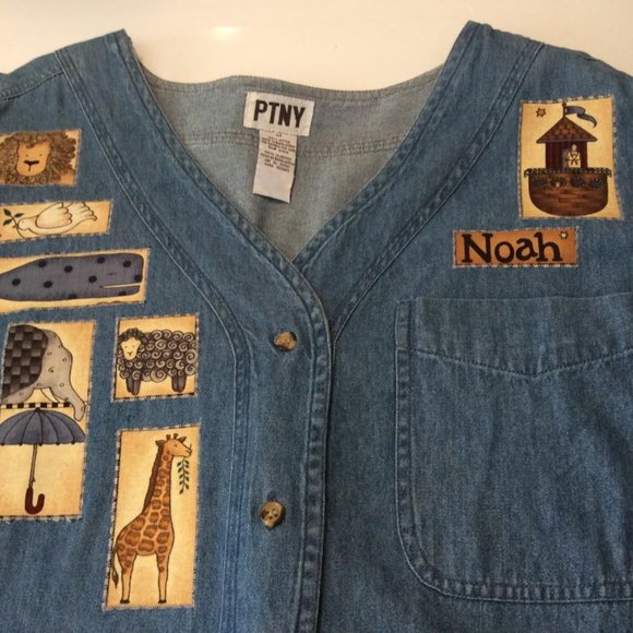 PTNY Denim : long-sleeved v-neck shirt with Noah's Ark Animals Appliqued! Size M - Picture 4 of 7